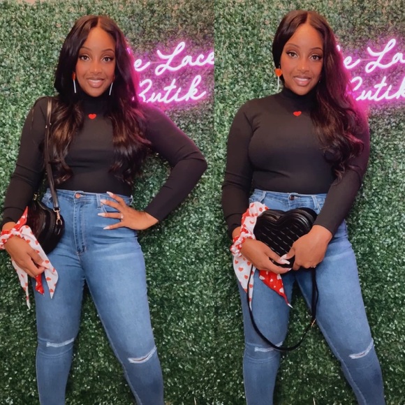 Frenchy Heart Embroidery Mock Neck Tee - Picture 7 of 7